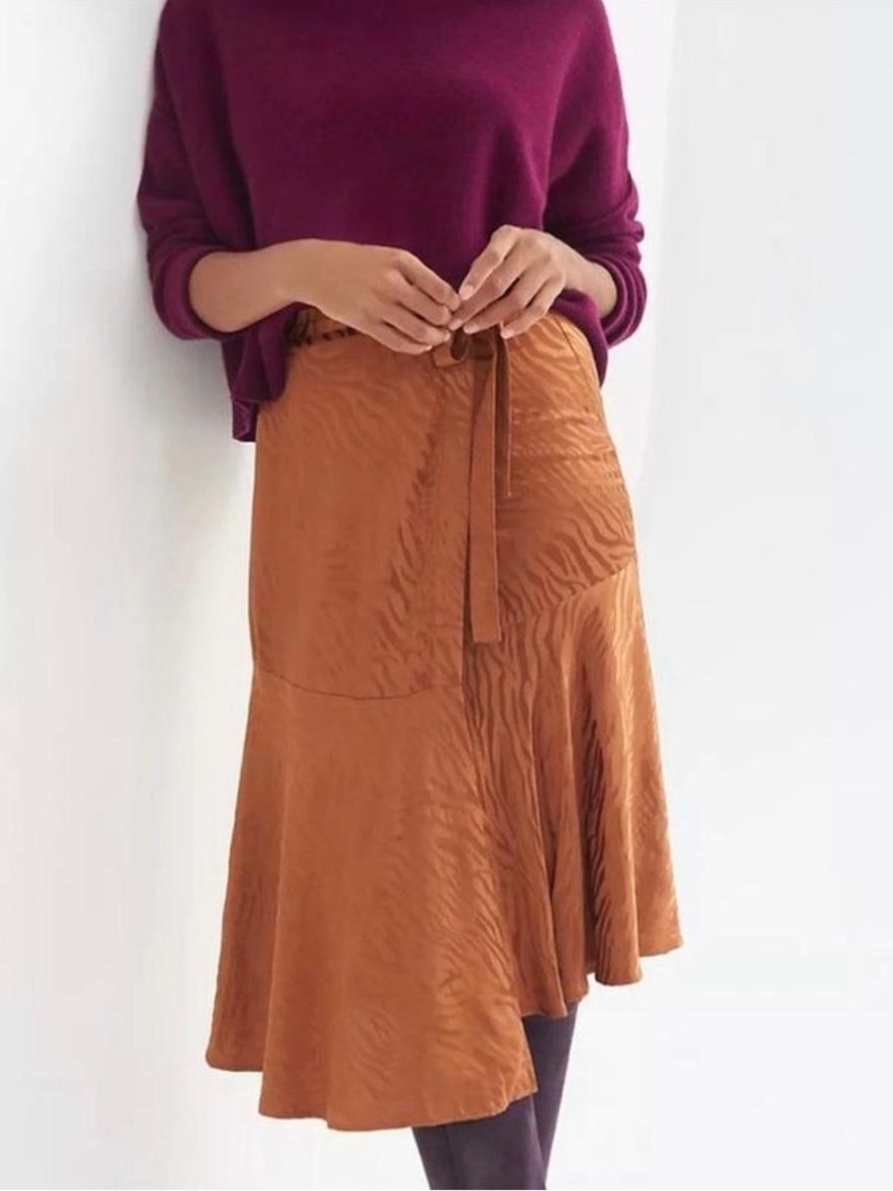 Anthropologie Maeve Tamra Jacquard Rust Brown A-Line Midi Skirt with Tie Waist